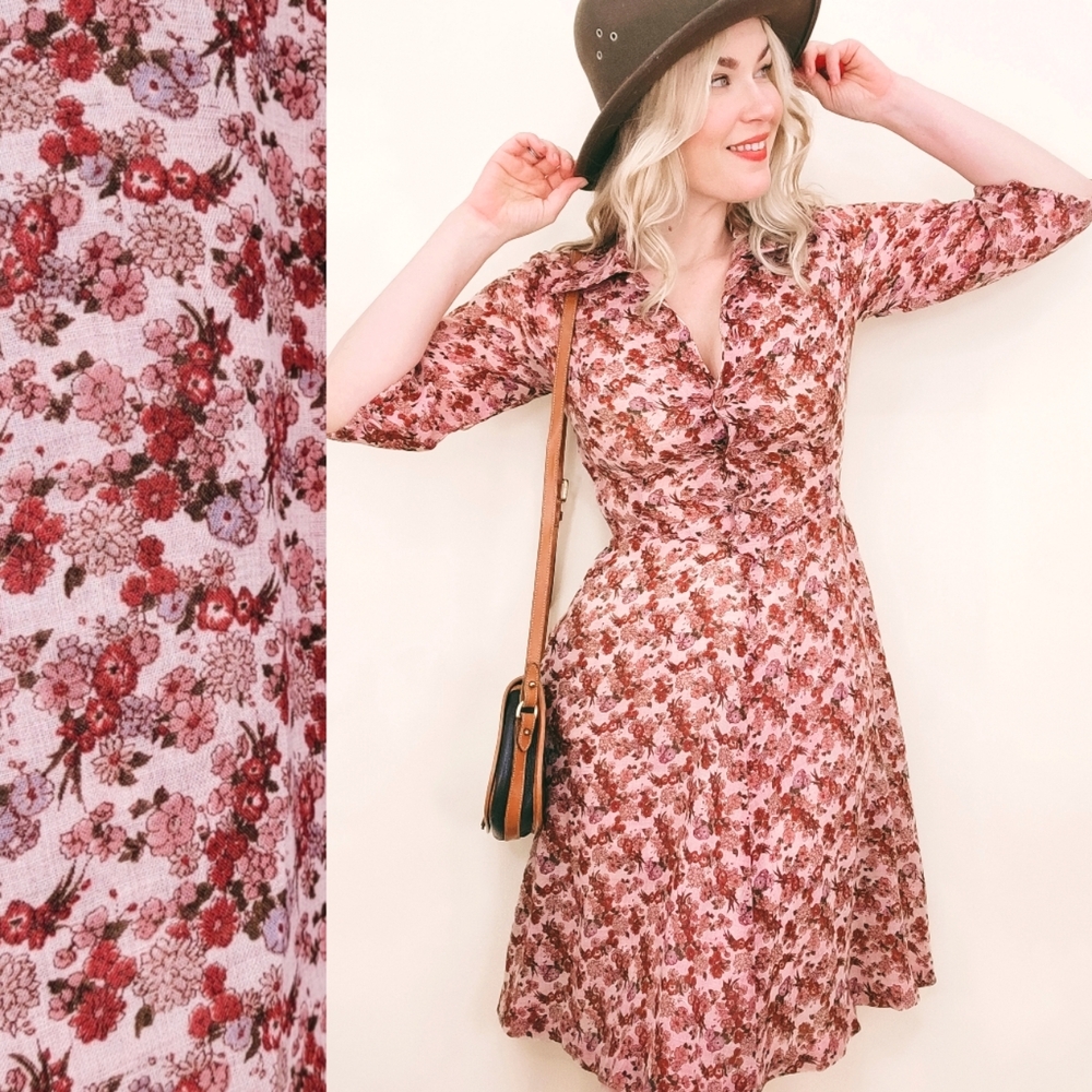 70s Vintage Calico Floral Light Pink Notched Collar 1970s Handmade Midi Dress